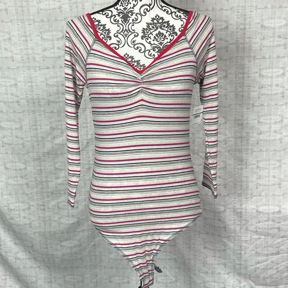 NWT Large Free People Put A Stripe On It Thong Bodysuit Vneck Long Sleeves - Picture 2 of 15